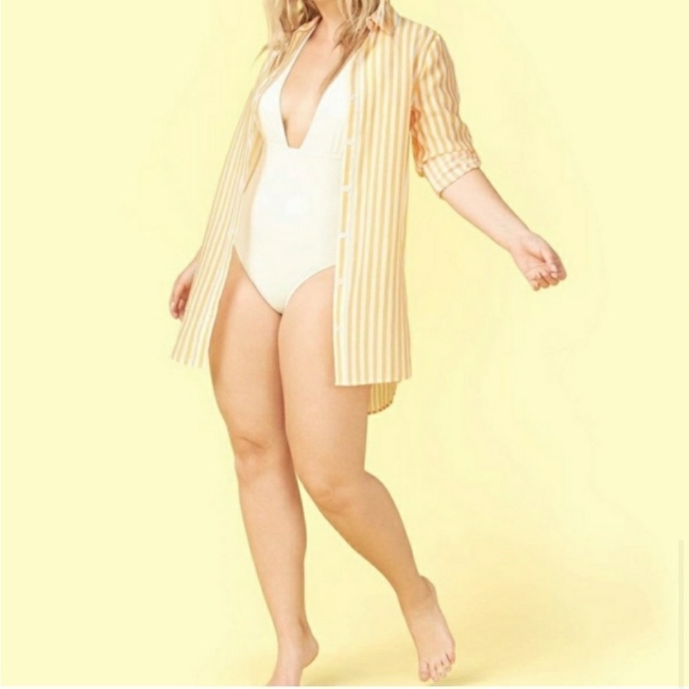 Summersalt All Buttoned Up Yellow and White Striped Button Up Swimsuit Cover Med